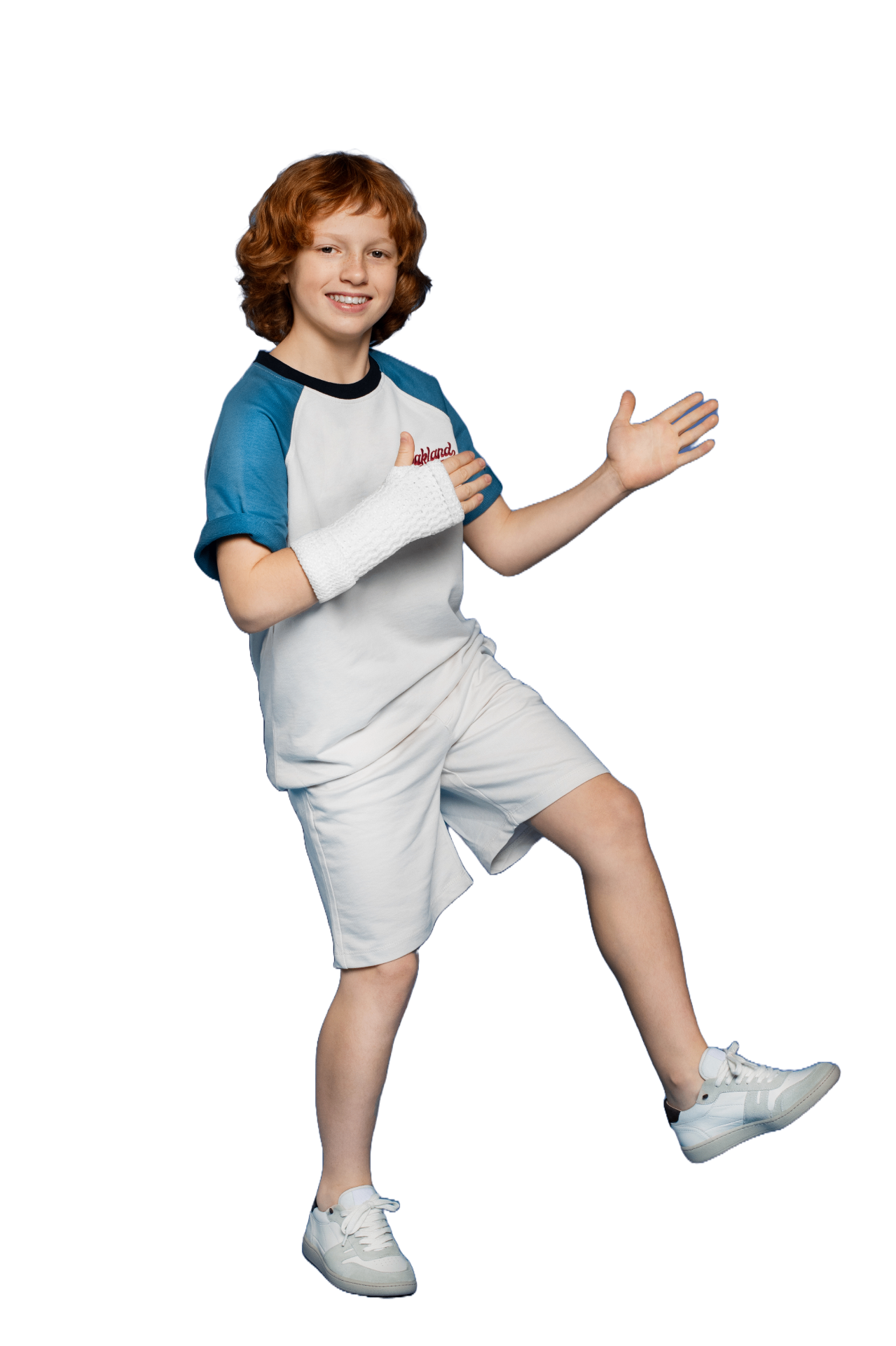 Child standing and wearing a poliwater forearm cast